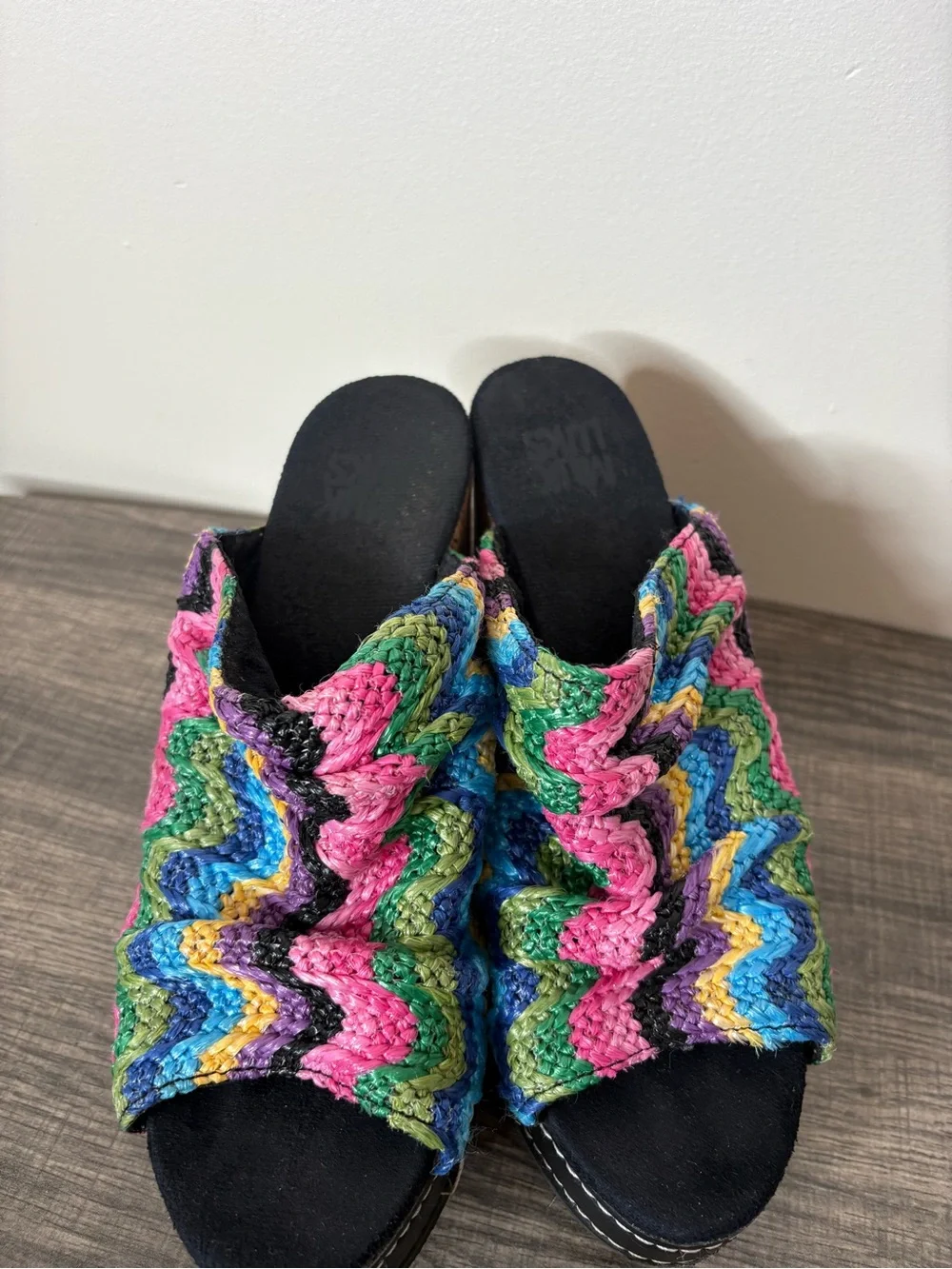 MUK LUKS Peyton Glitter Cork Platform Wedge Slip-on Peep-toe Sandal Stretch Y2K